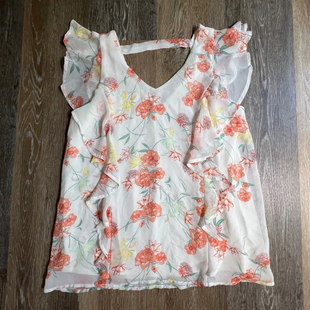 Brand Floral Ruffle Blouse Womens Size S White Orange V-Neck Chiffon Top